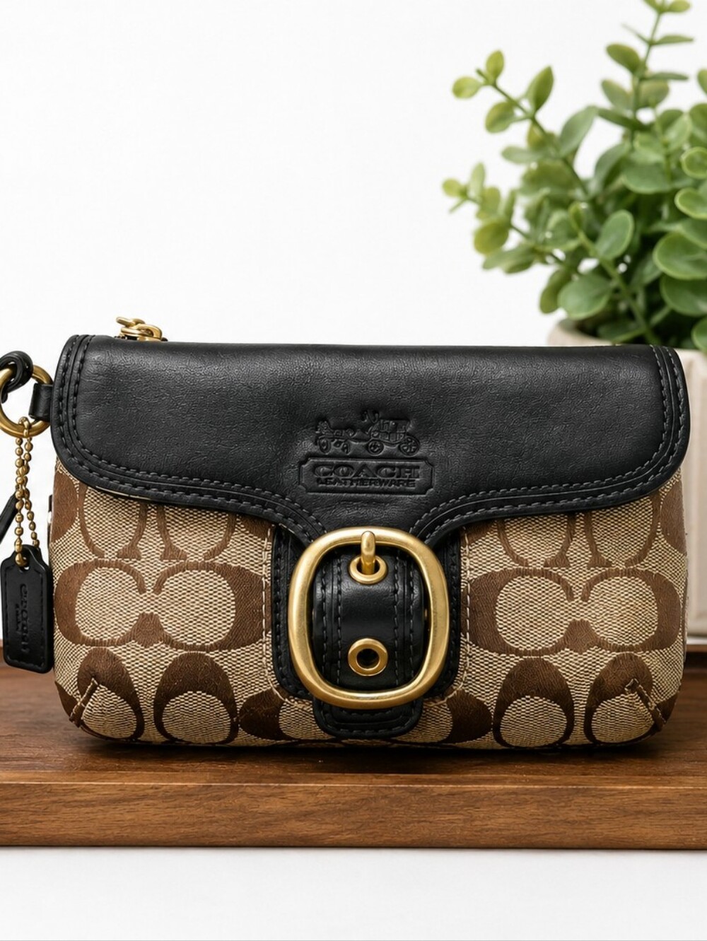 Coach Bleeker Legacy Signature Canvas With Leather Wristlet Tattersall Brass New